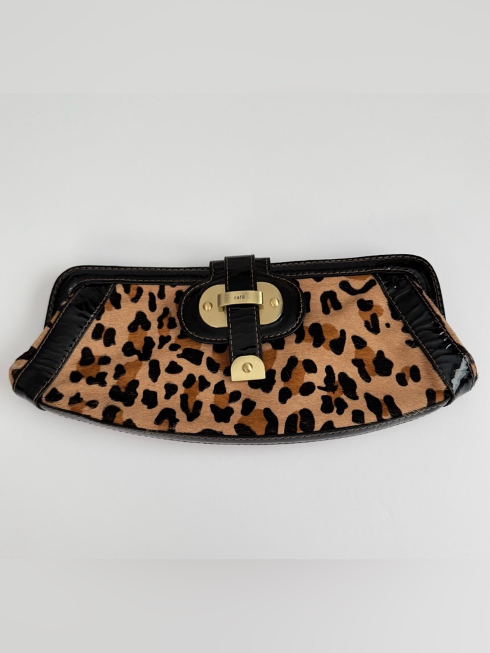 Rafe NY Leopard Calf Hair Clutch Patent Leather Gold Hardware